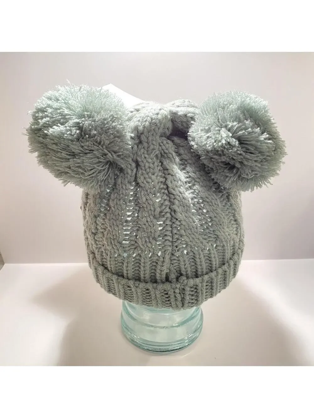 Kids Winter Hat Grey w Pom Pom Ears Cute Thick Warm Knitted Winter Beanie NEW